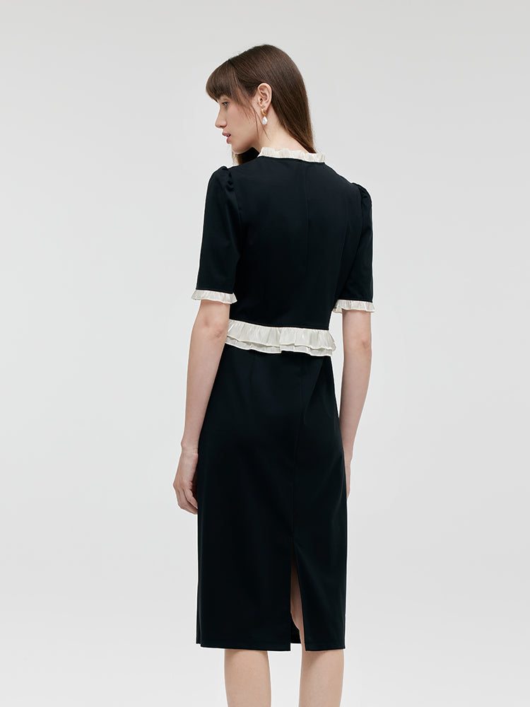 Ruffle Patchwork H-Line Midi Dress