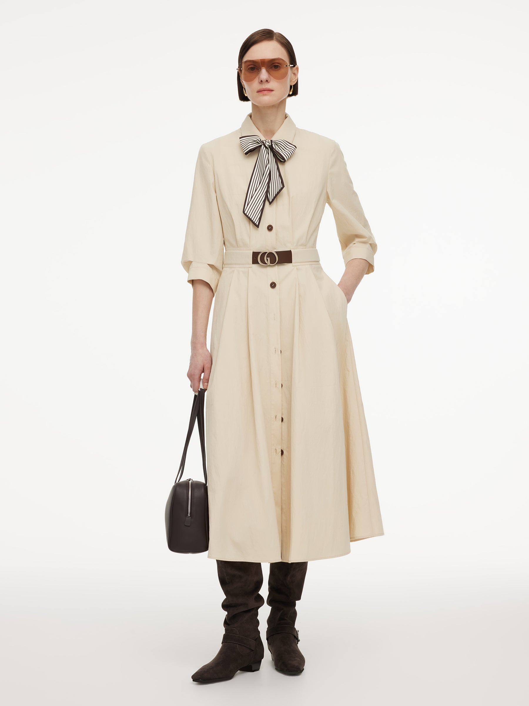 Cotton Blend Belted Shirt Dress