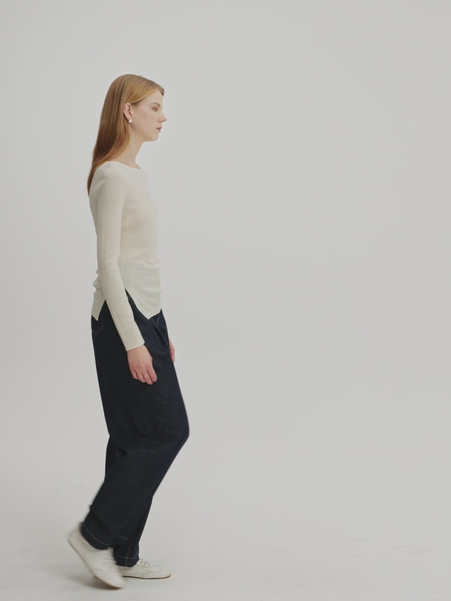 Wool Acetate Boat Neck Top
