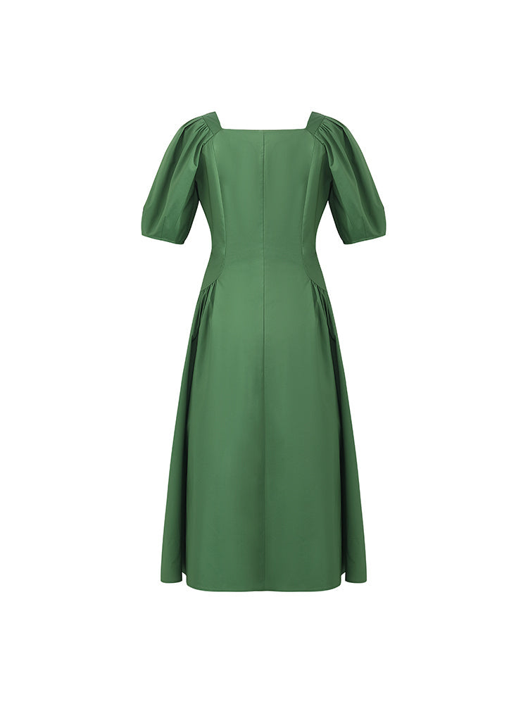 Cinched Puff Sleeve Green Dress