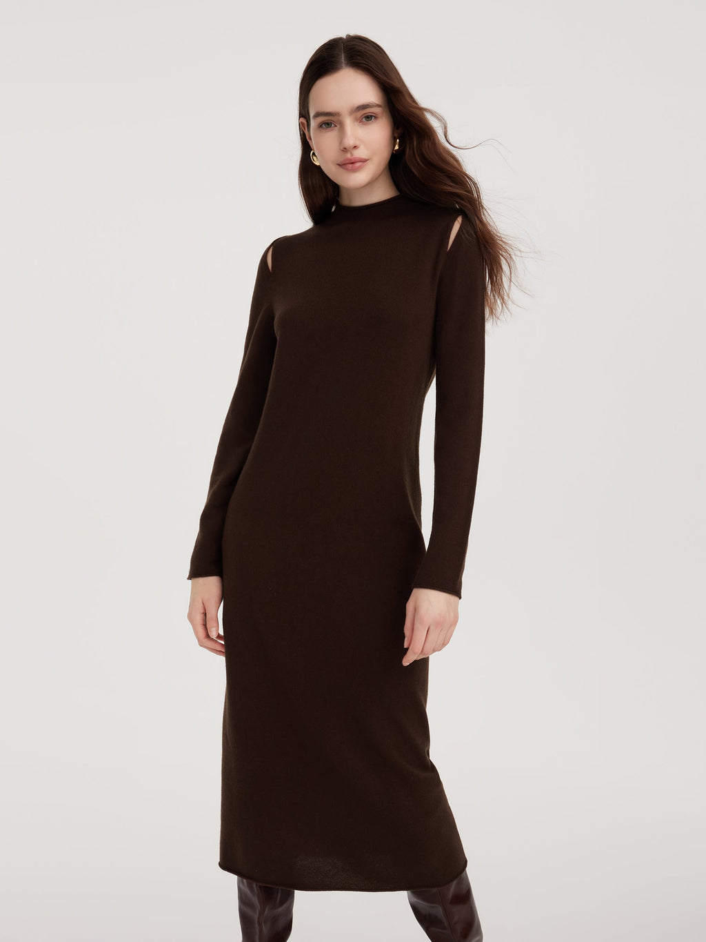 Wool Mock Neck Button-Shoulder Maxi Dress