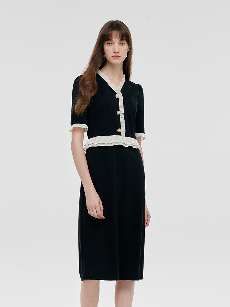 Ruffle Patchwork H-Line Midi Dress