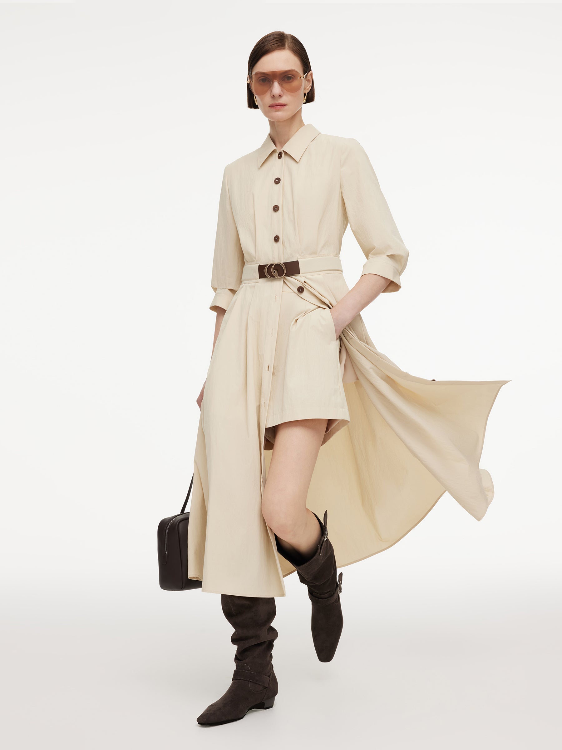 Cotton Blend Belted Shirt Dress