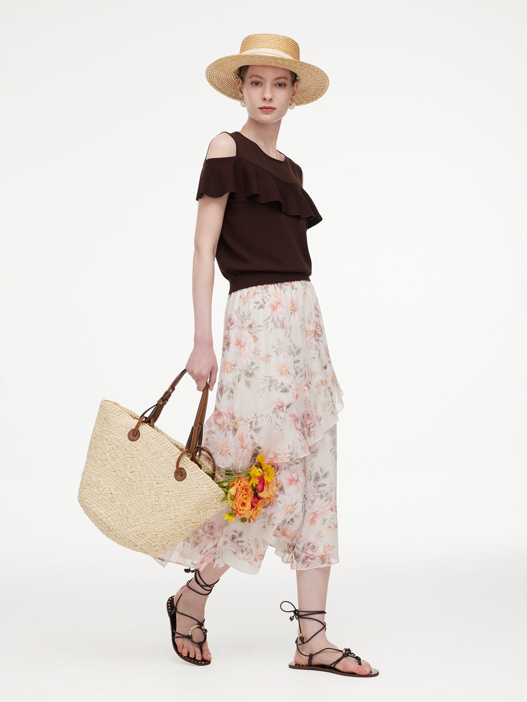 Tencel Cold-Shoulder Ruffle Top