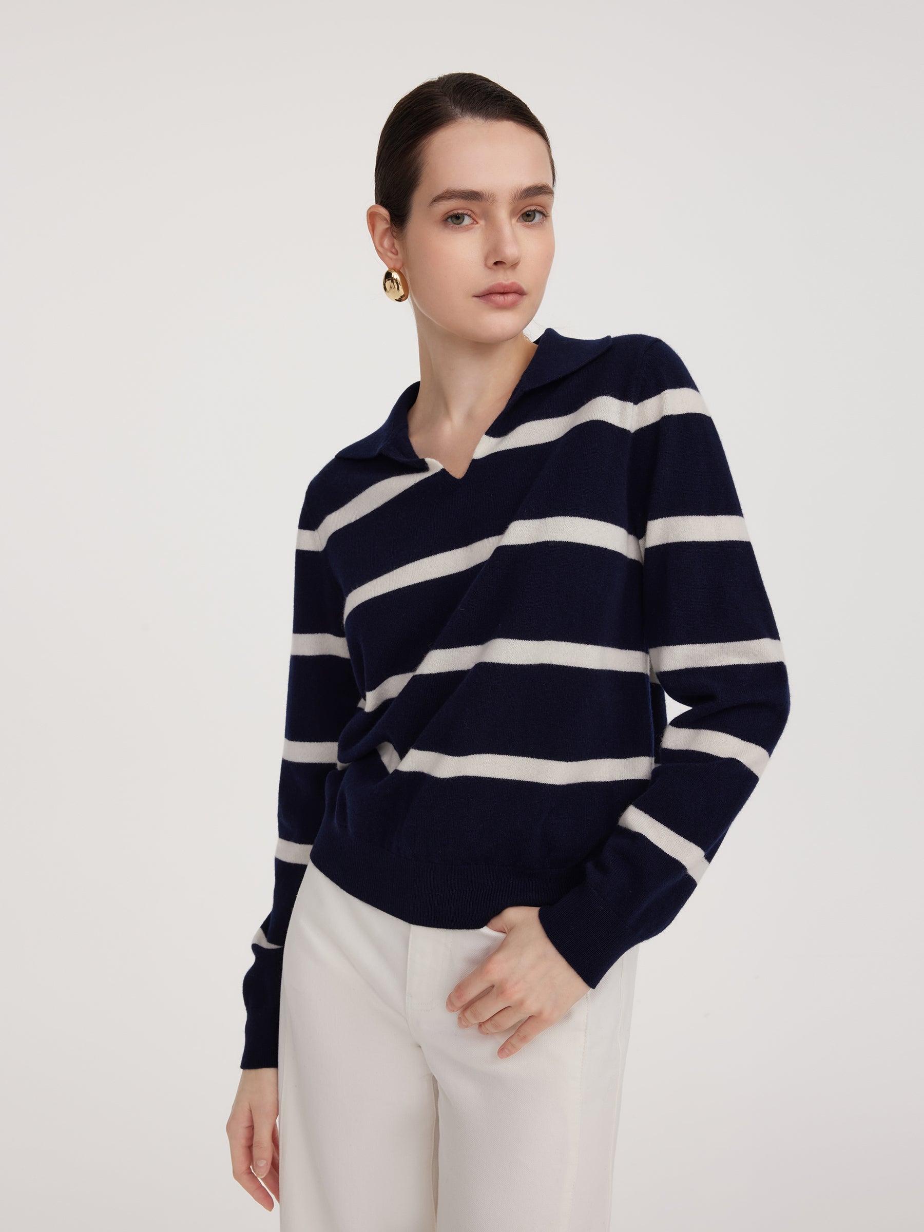 Wool Striped Polo Neck Sweater