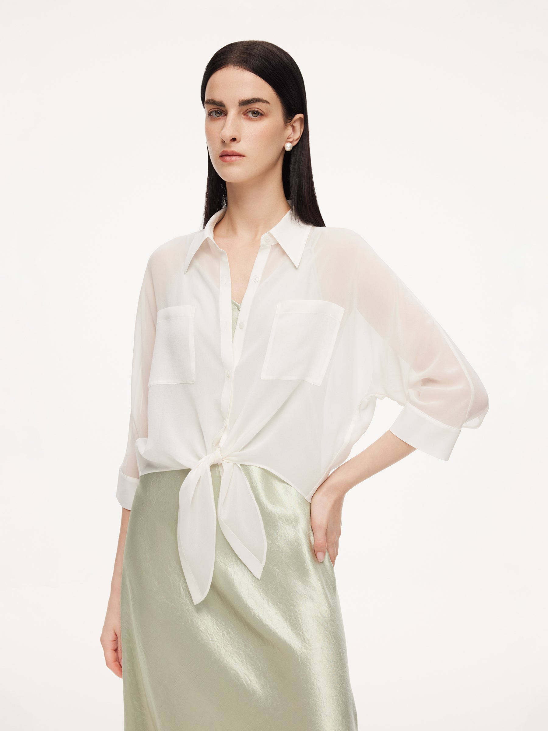 Drop-Shoulder French Sheer Shirt