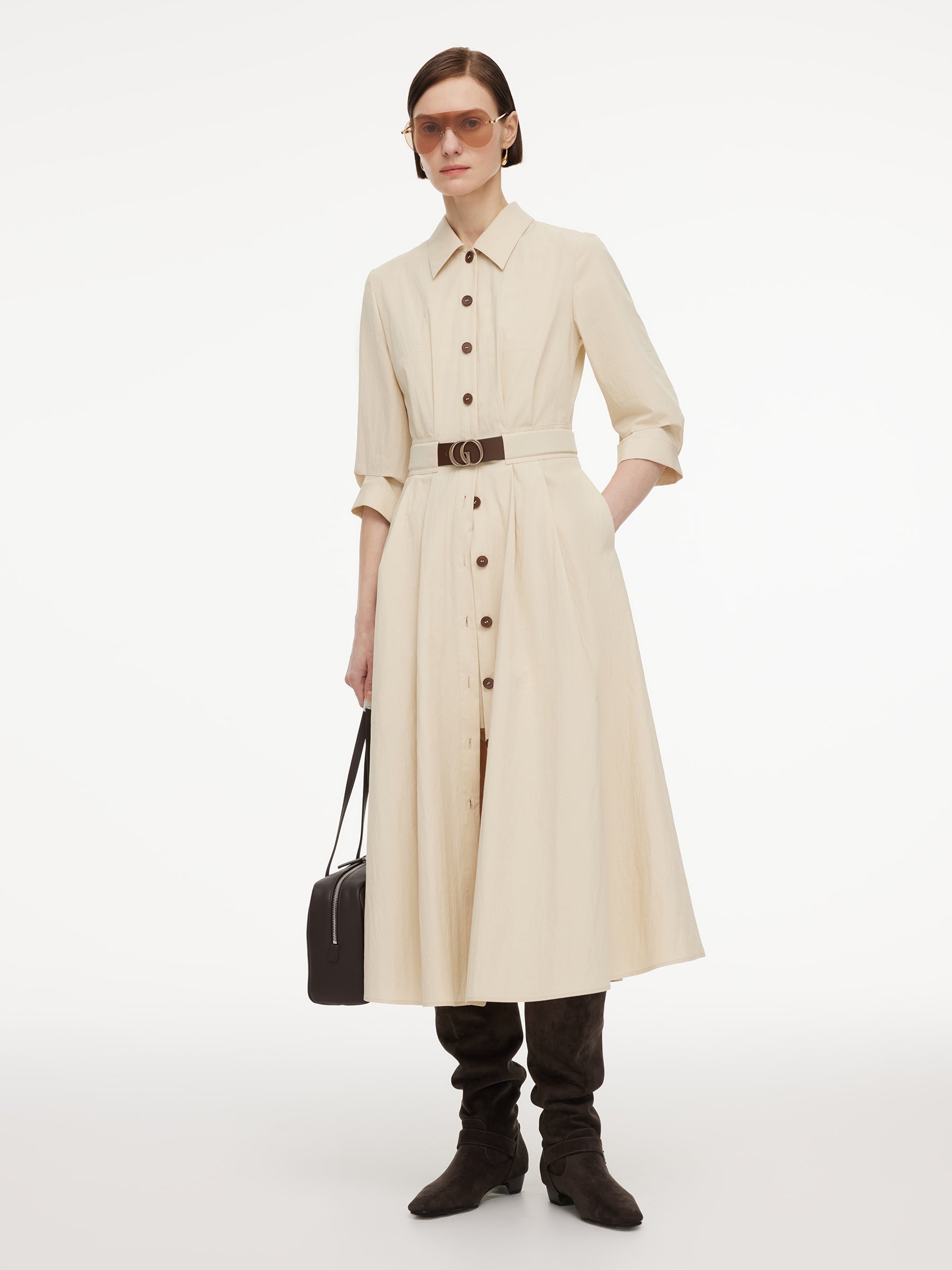 Cotton Blend Belted Shirt Dress