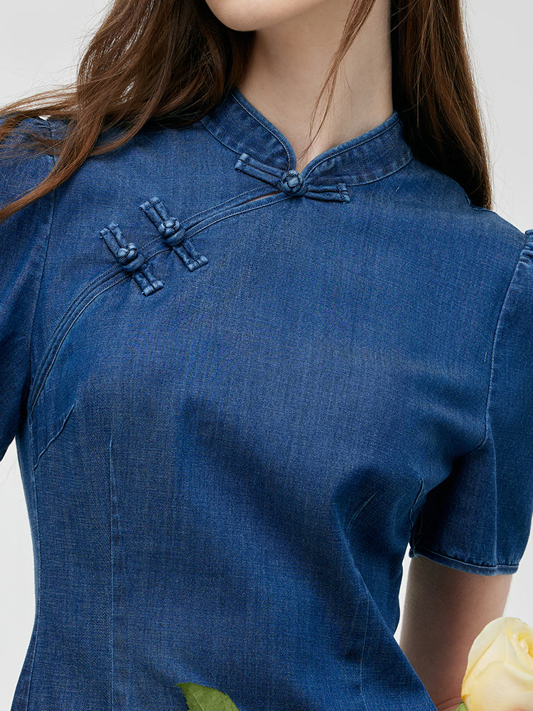 Gradient Denim Qipao Dress