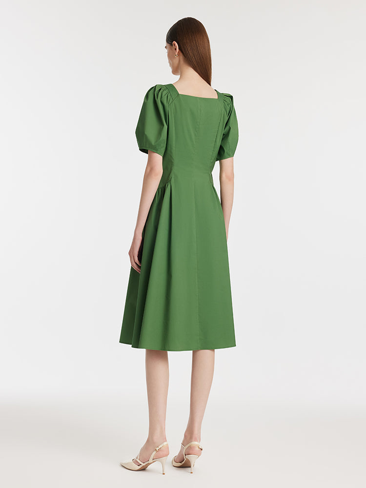 Cinched Puff Sleeve Green Dress