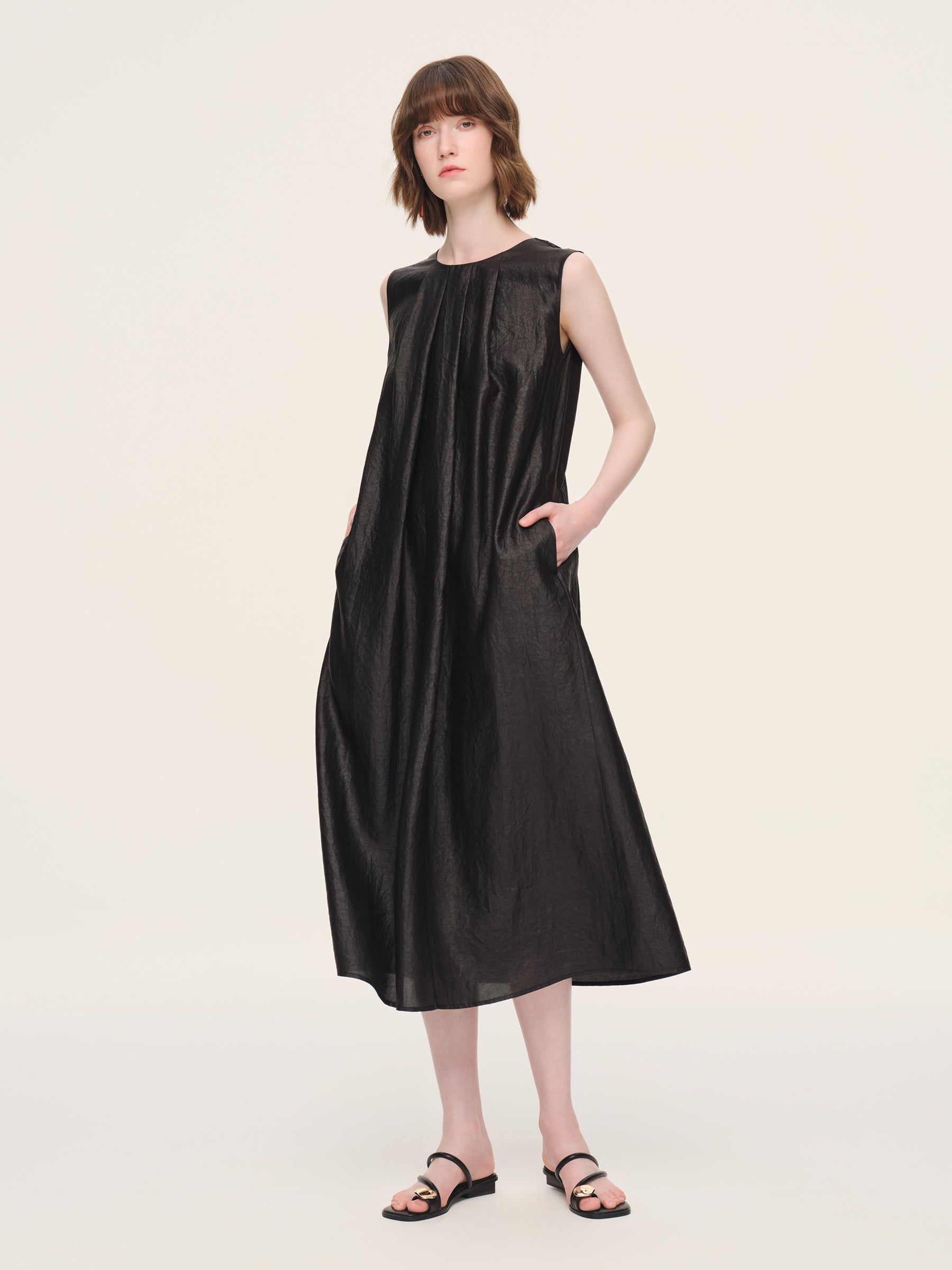 Pleated Neck Shell Button Dress