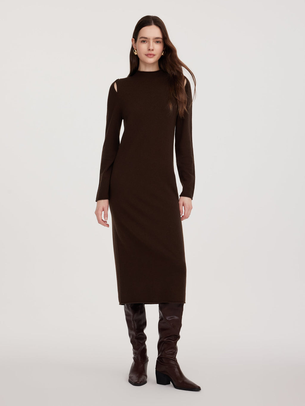 Wool Mock Neck Button-Shoulder Maxi Dress