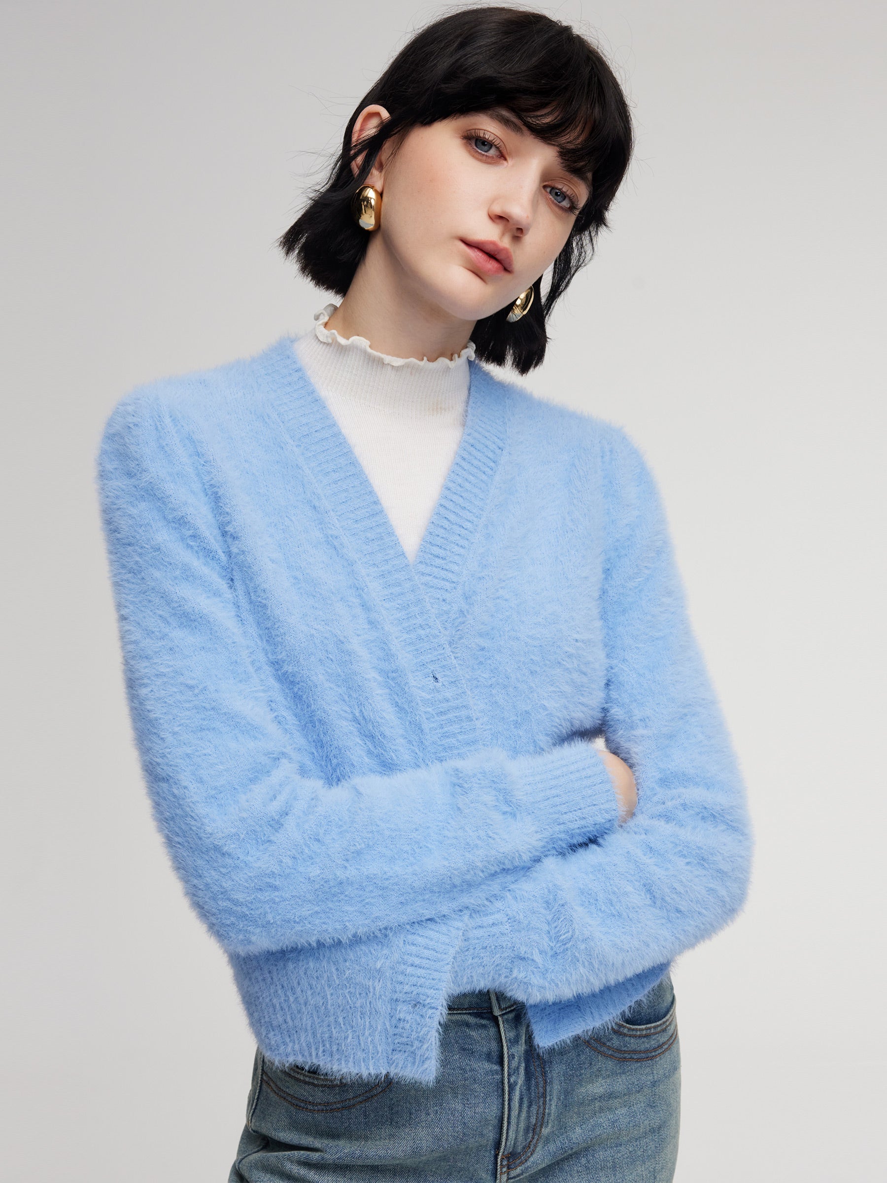 Faux Mink V-Neck Cardigan