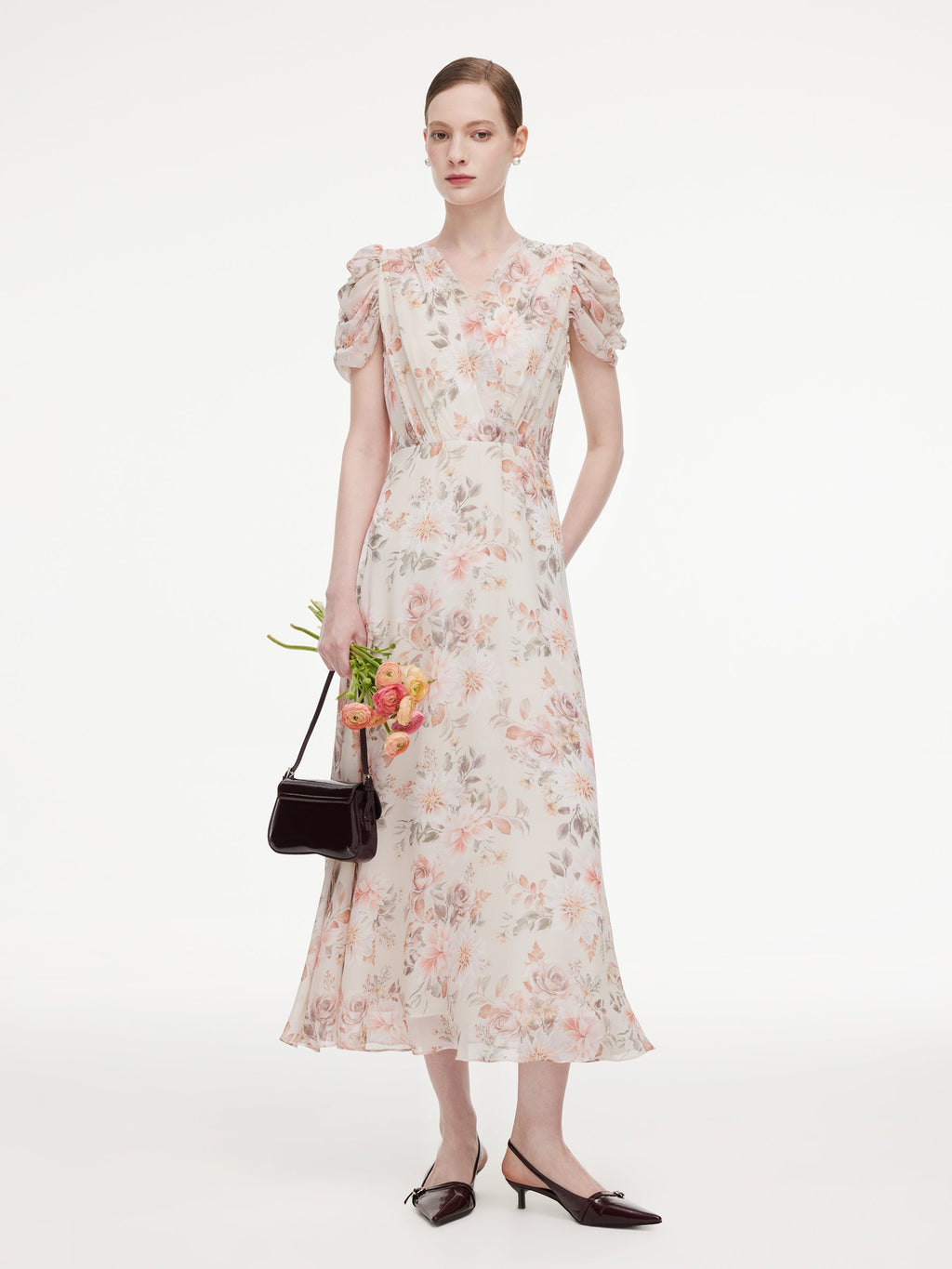 Crossover Neck Puff Sleeve Dress
