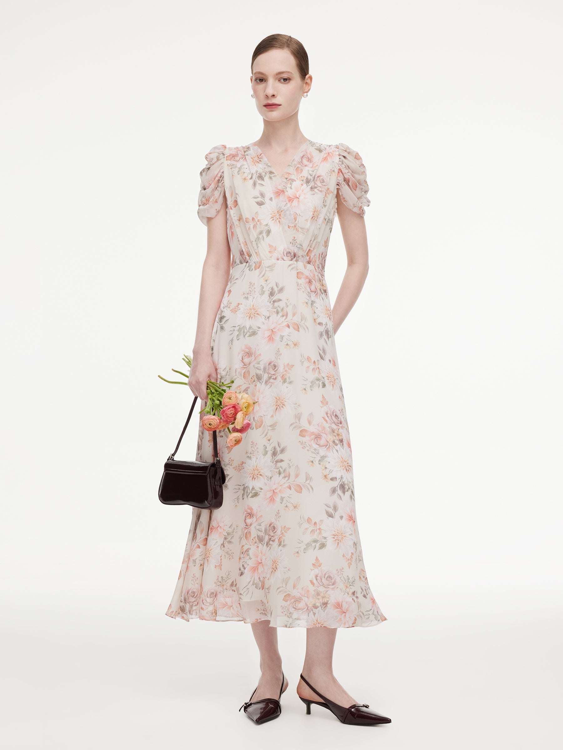 Crossover Neck Puff Sleeve Dress