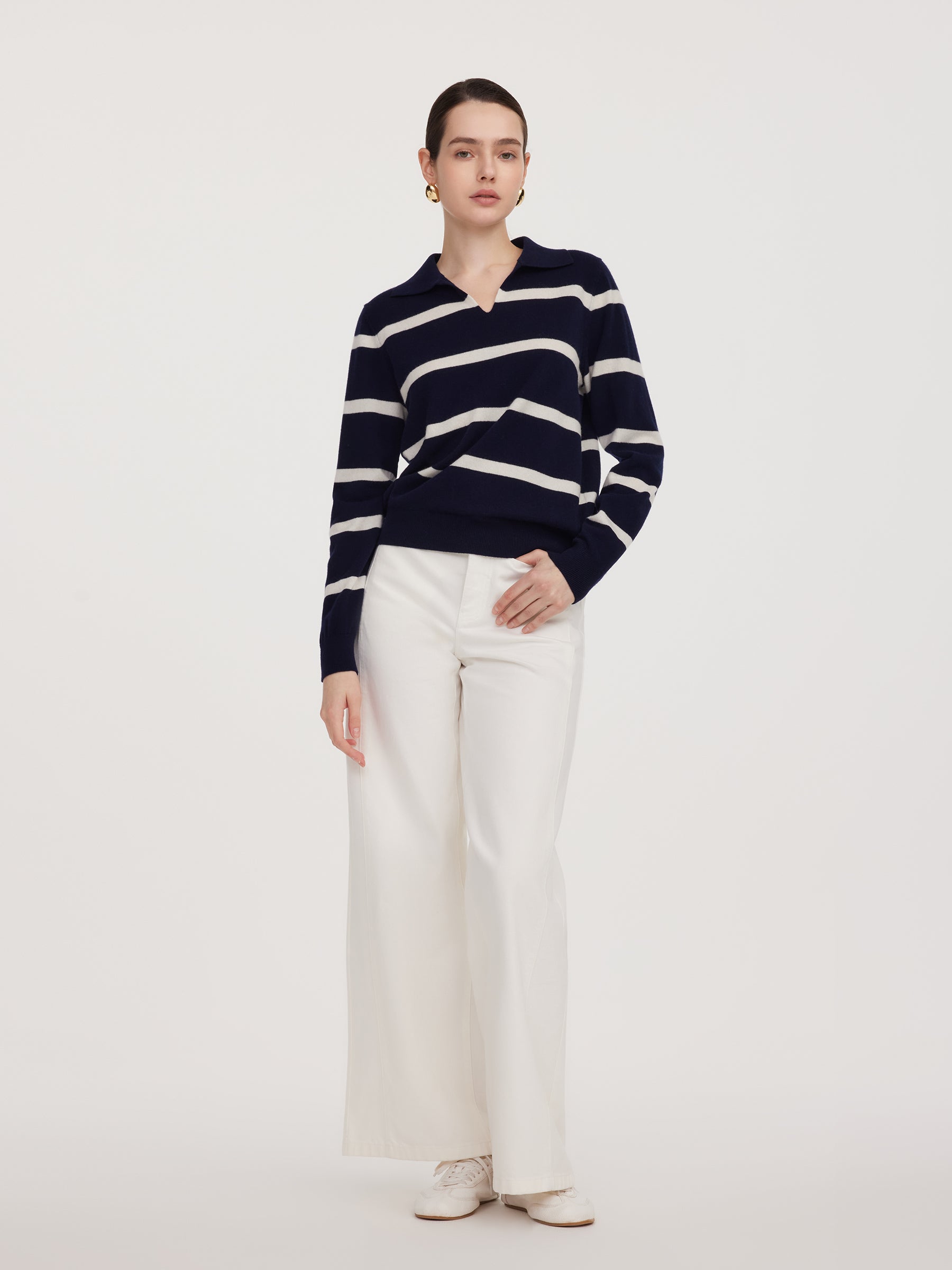 Wool Striped Polo Neck Sweater