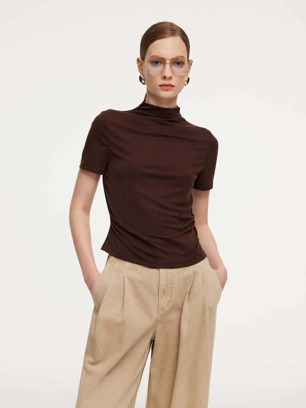 Tencel Mock Neck Ruched Top