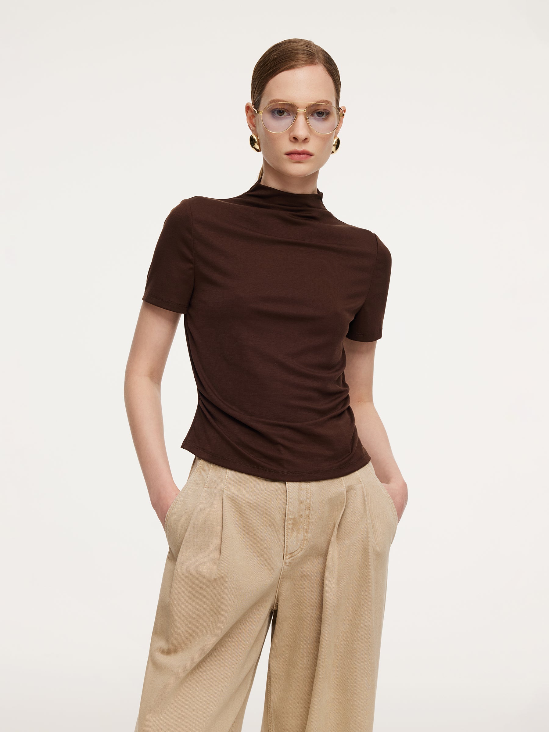 Tencel Mock Neck Ruched Top
