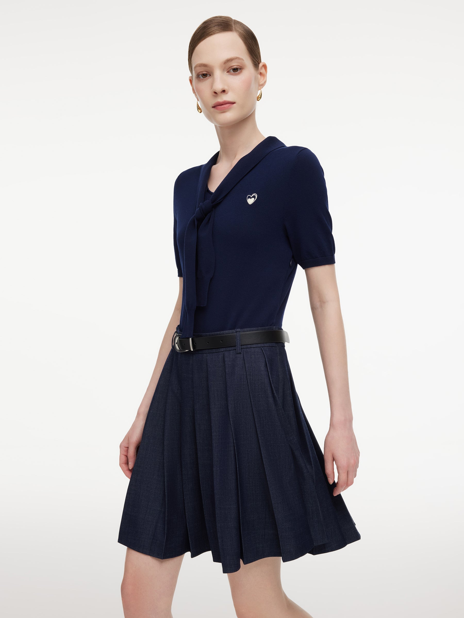 Necktie V-Neck Heart Embroidery Mini Dress