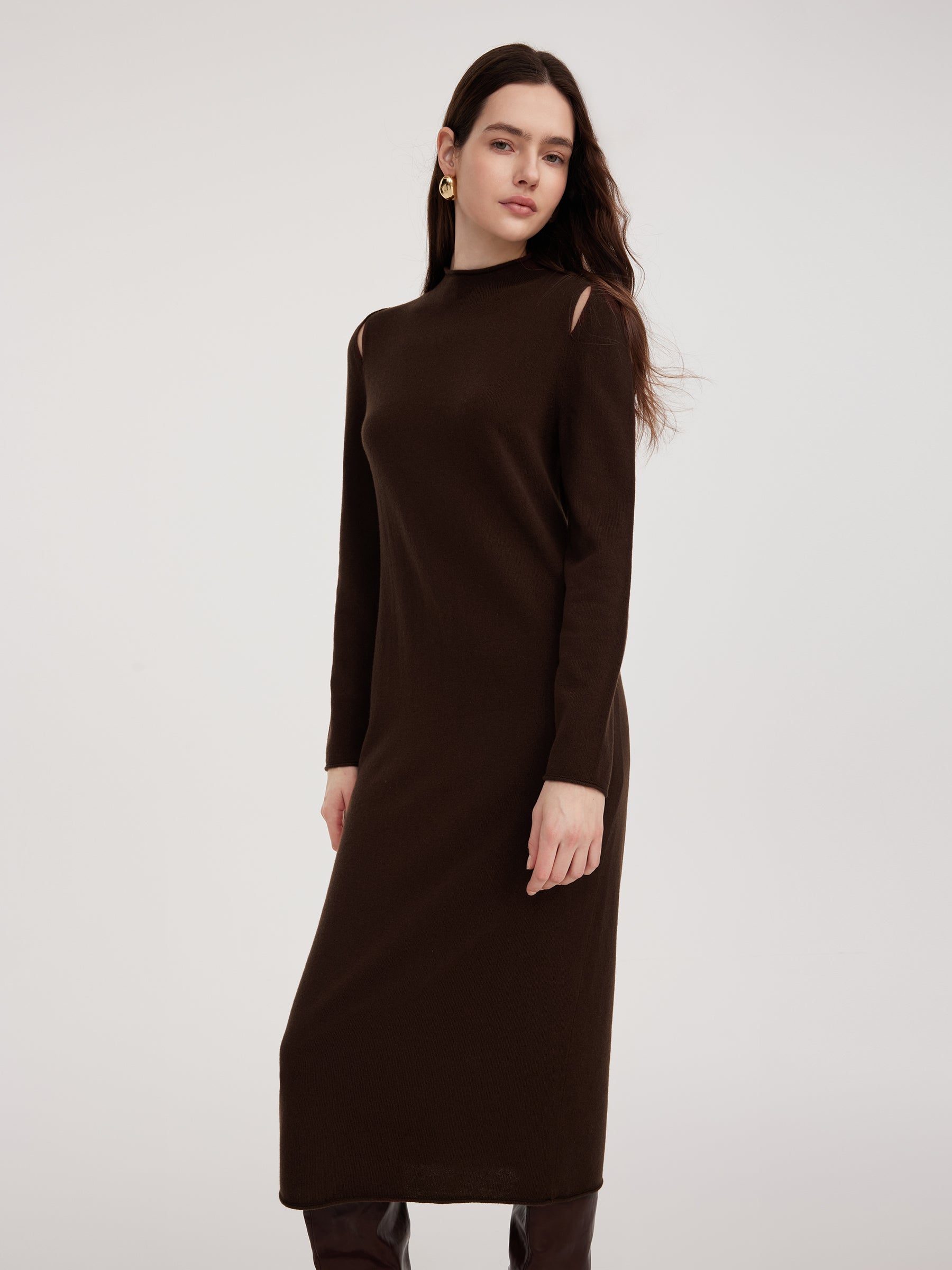 Wool Mock Neck Button-Shoulder Maxi Dress