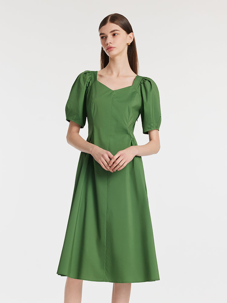 Cinched Puff Sleeve Green Dress