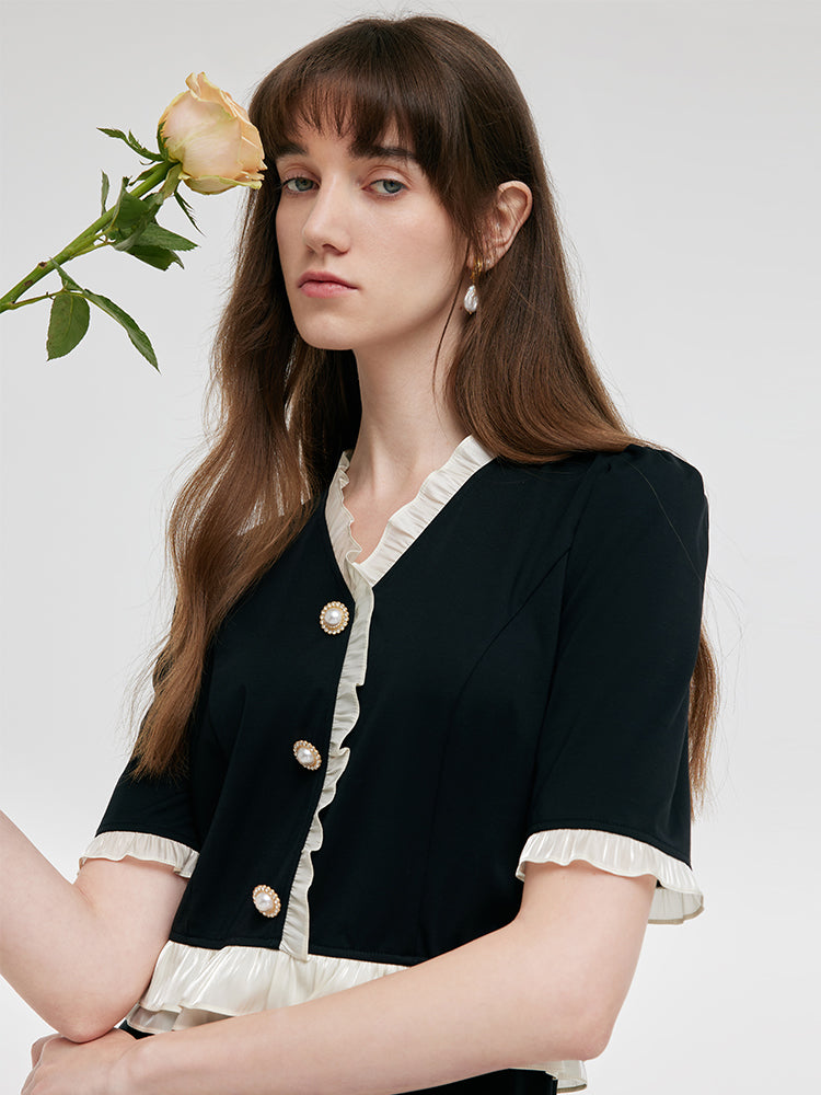 Ruffle Patchwork H-Line Midi Dress