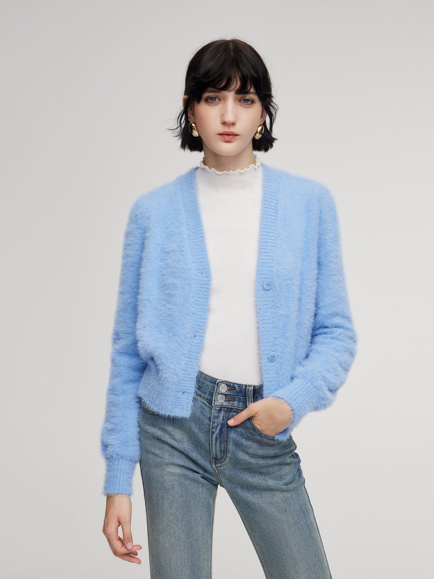 Faux Mink V-Neck Cardigan