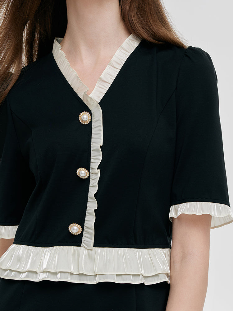 Ruffle Patchwork H-Line Midi Dress