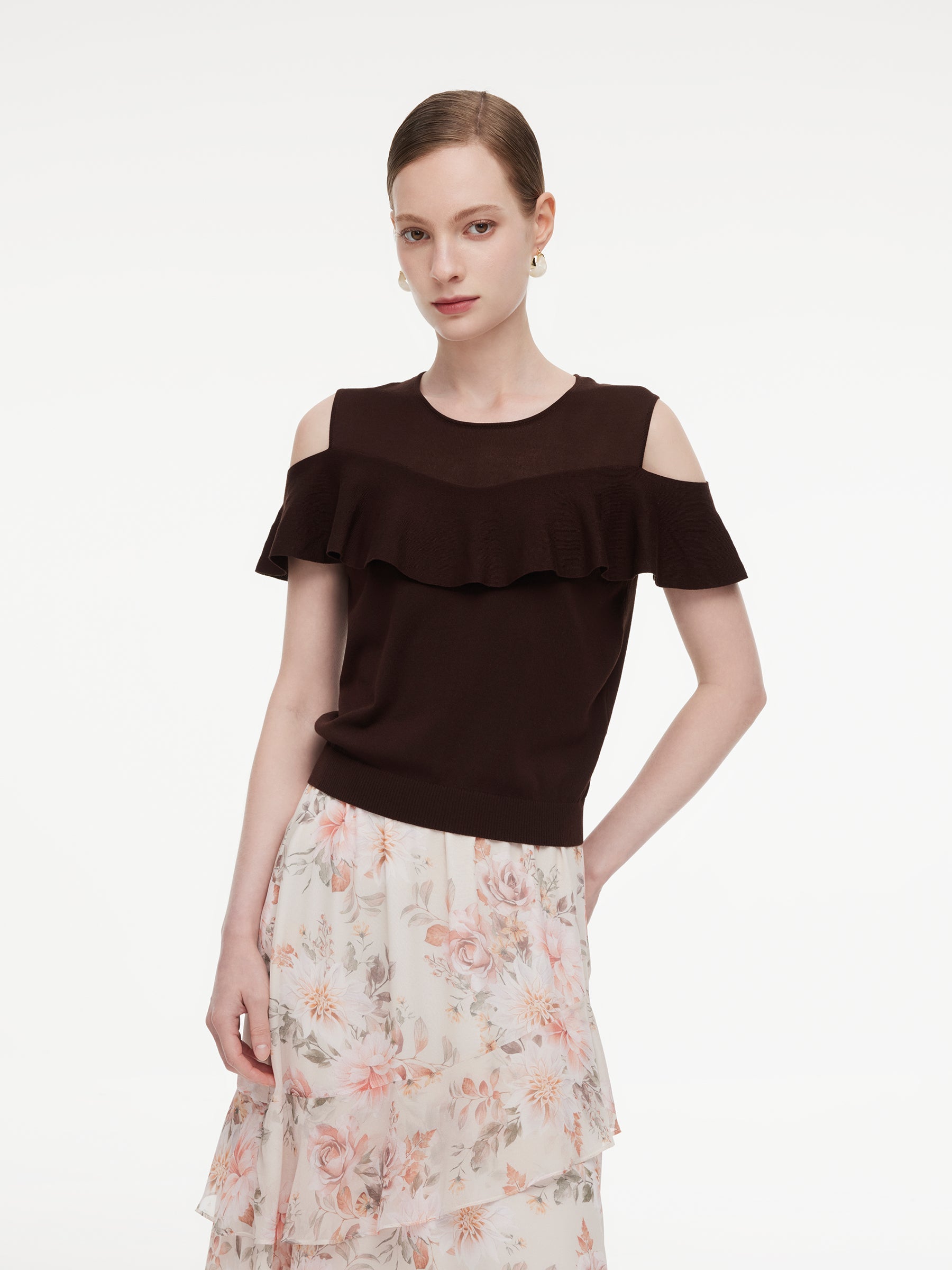 Tencel Cold-Shoulder Ruffle Top