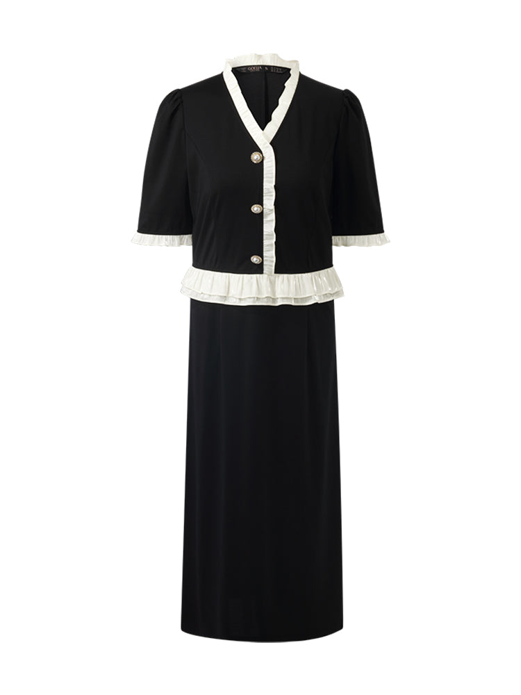 Ruffle Patchwork H-Line Midi Dress