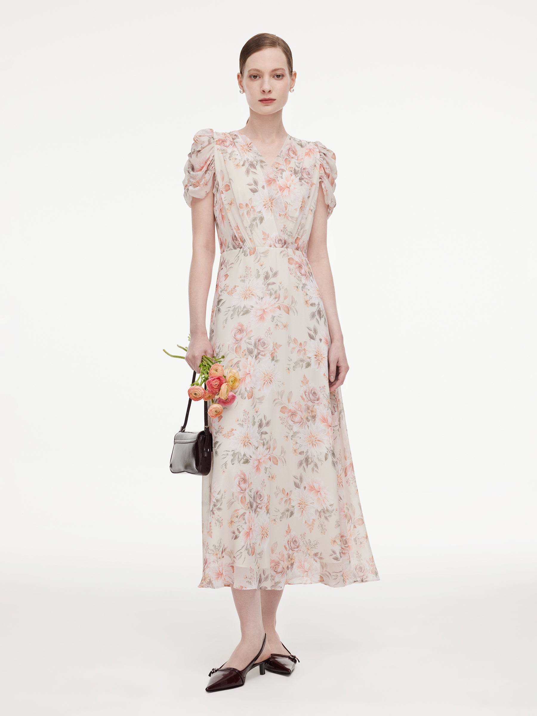 Crossover Neck Puff Sleeve Dress