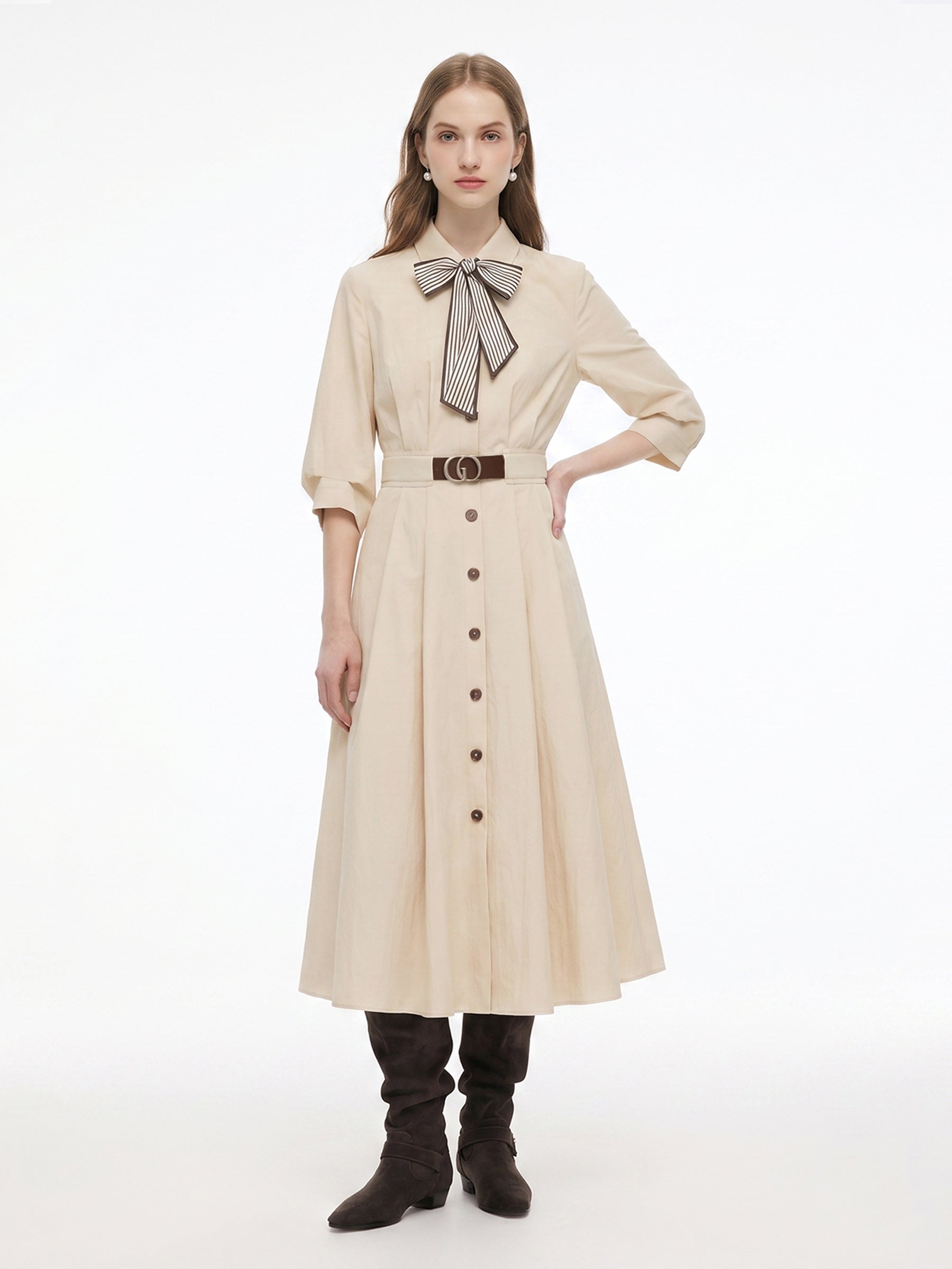 Cotton Blend Belted Shirt Dress