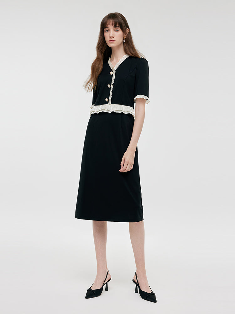 Ruffle Patchwork H-Line Midi Dress