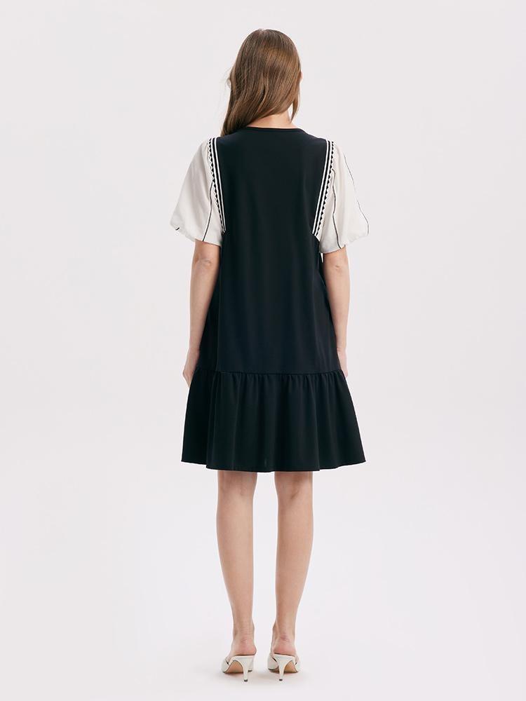 A-Shape Patchwork Puff Sleeve Mini Dress