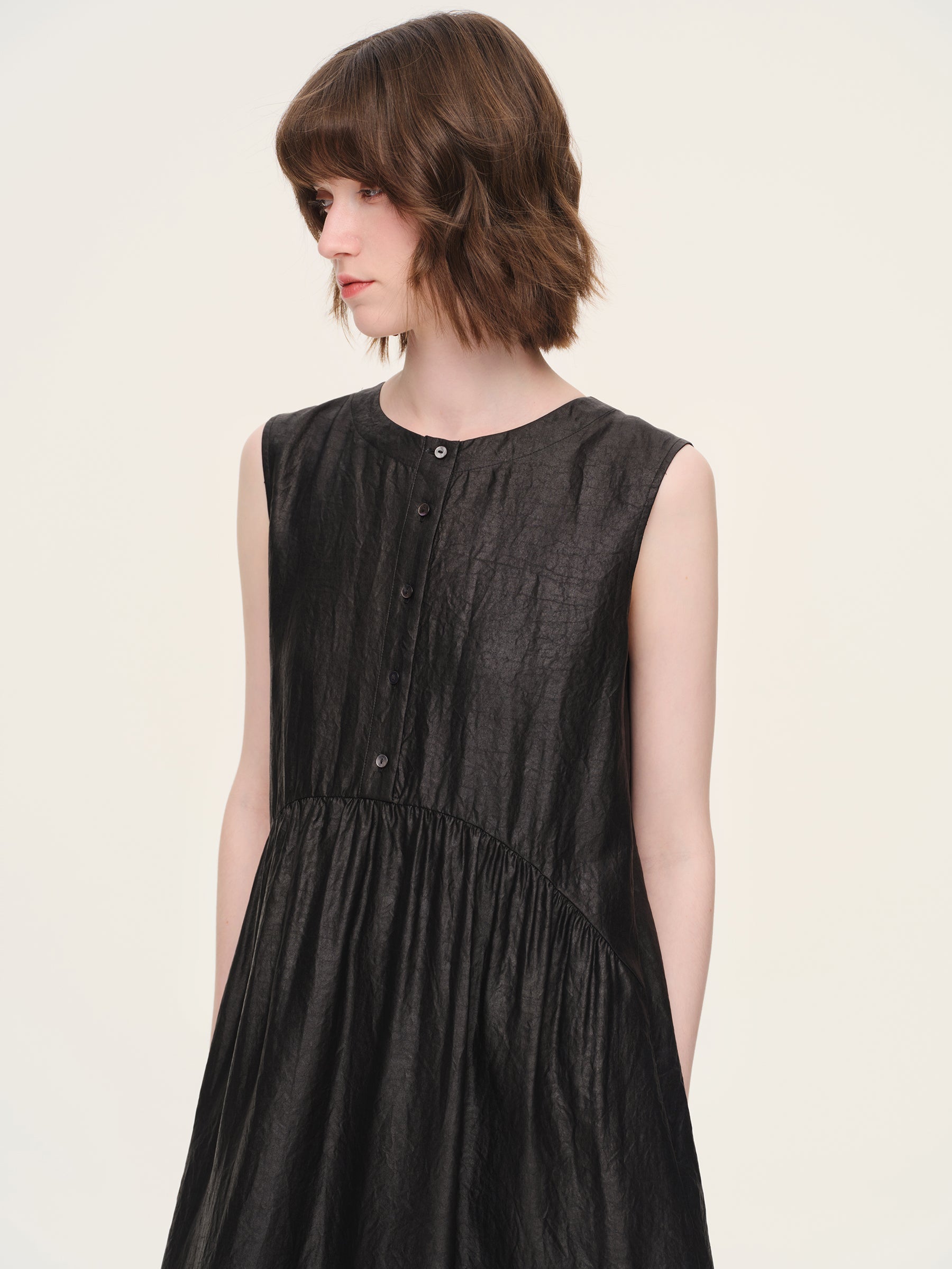 Pleated Neck Shell Button Dress