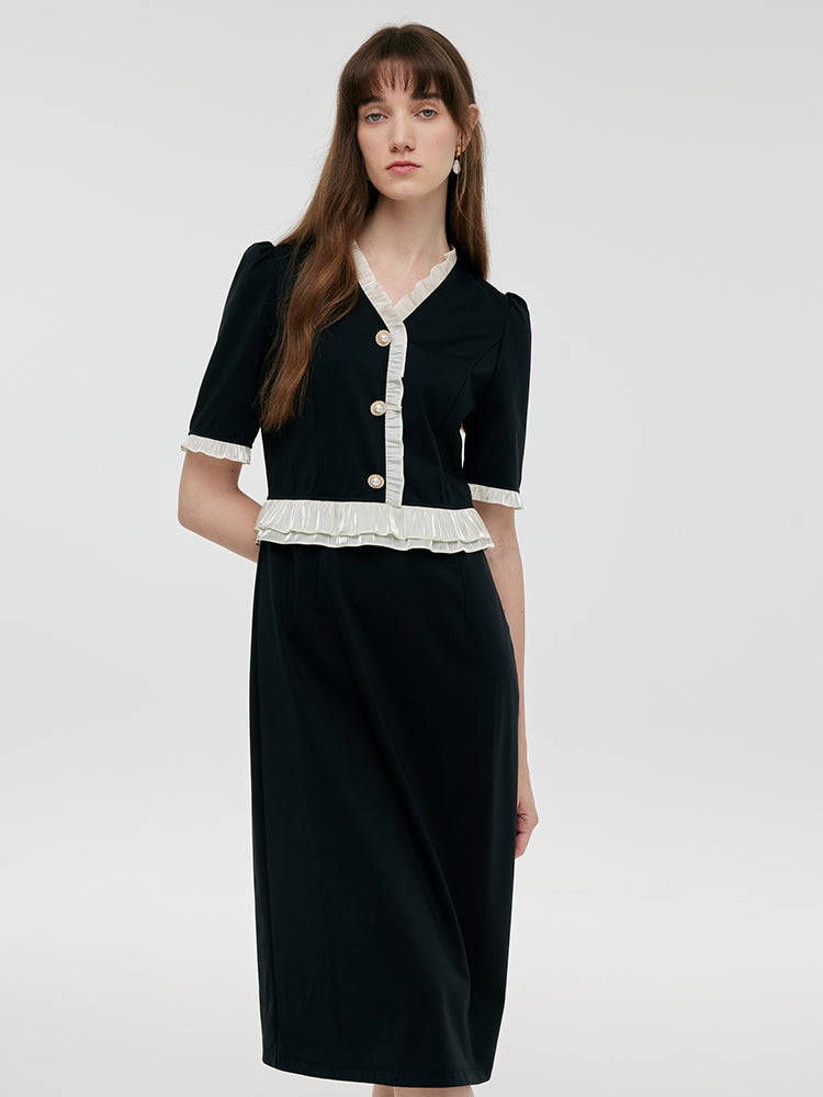 Ruffle Patchwork H-Line Midi Dress