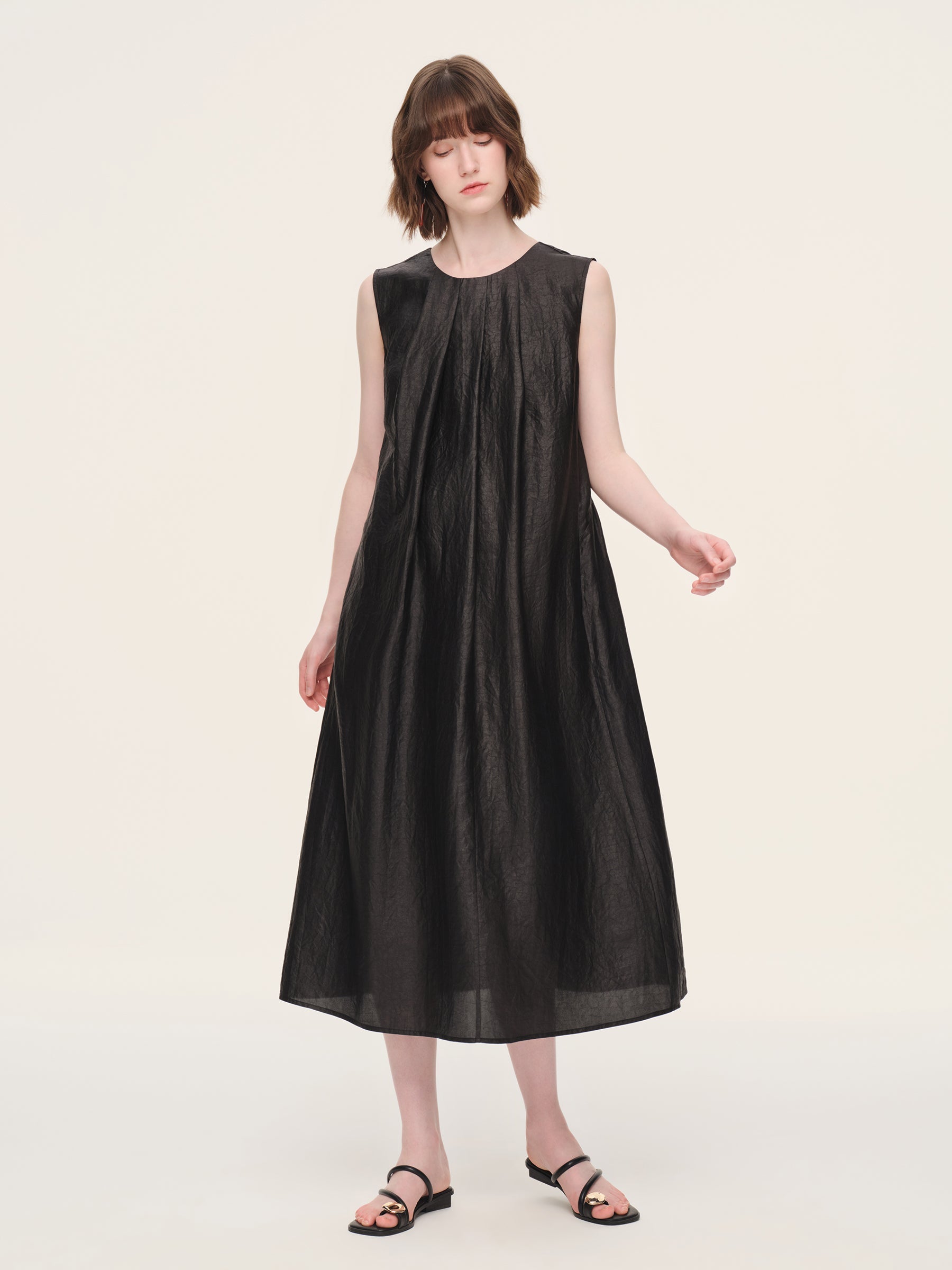 Pleated Neck Shell Button Dress
