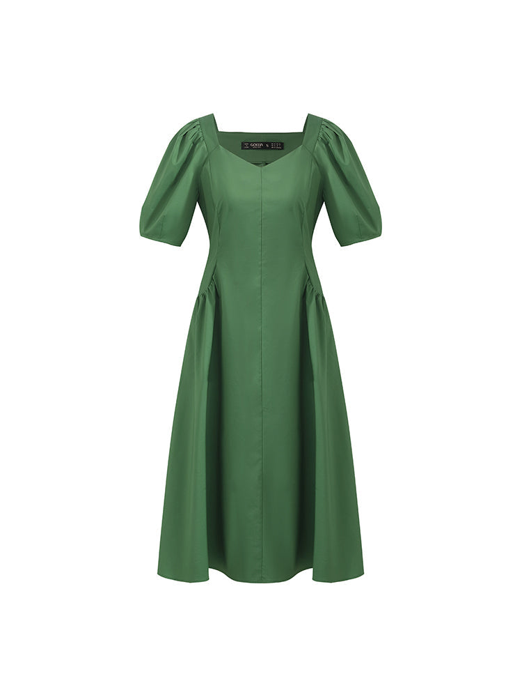 Cinched Puff Sleeve Green Dress