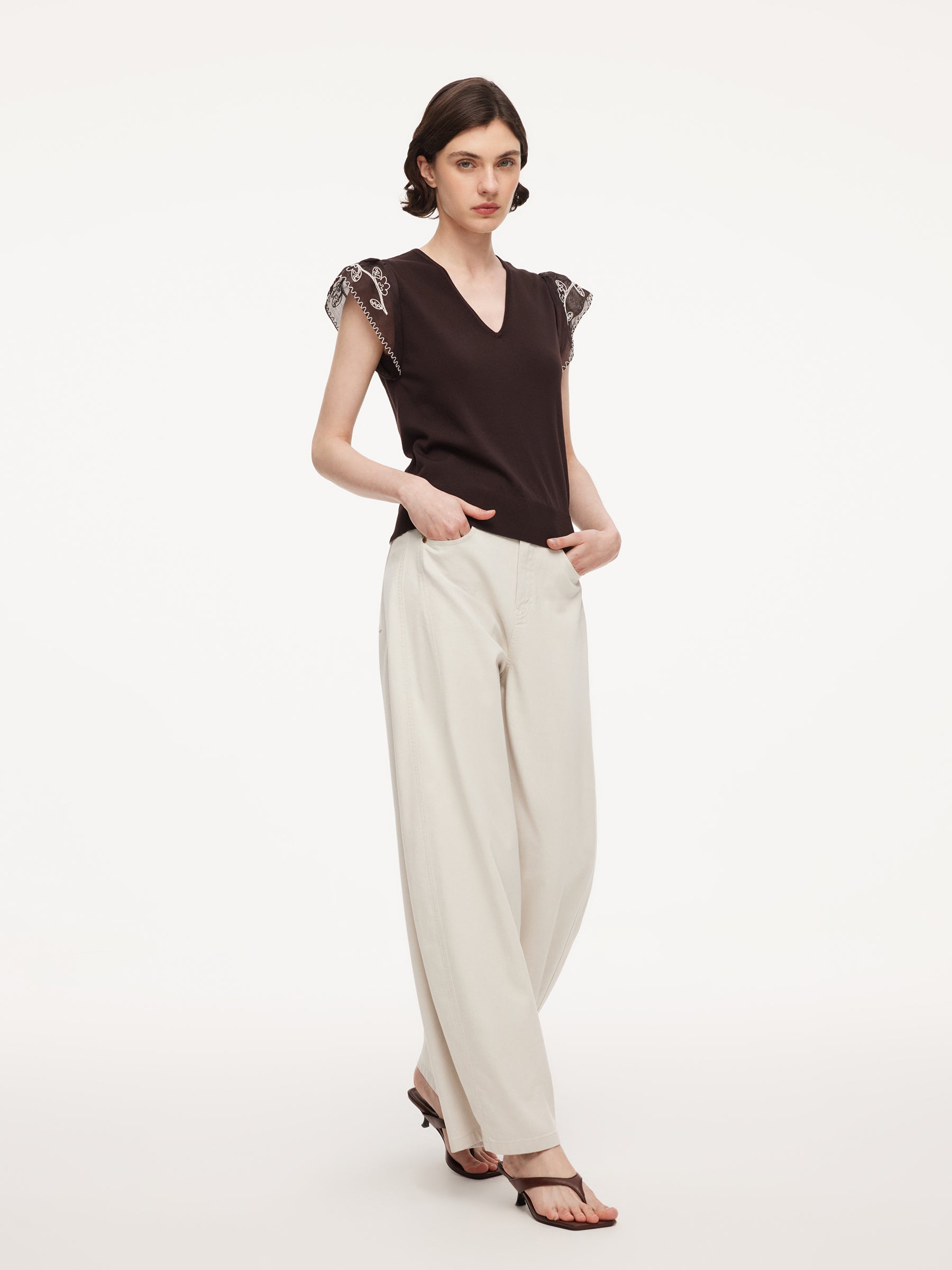 Tencel V-Neck Embroidered Crop