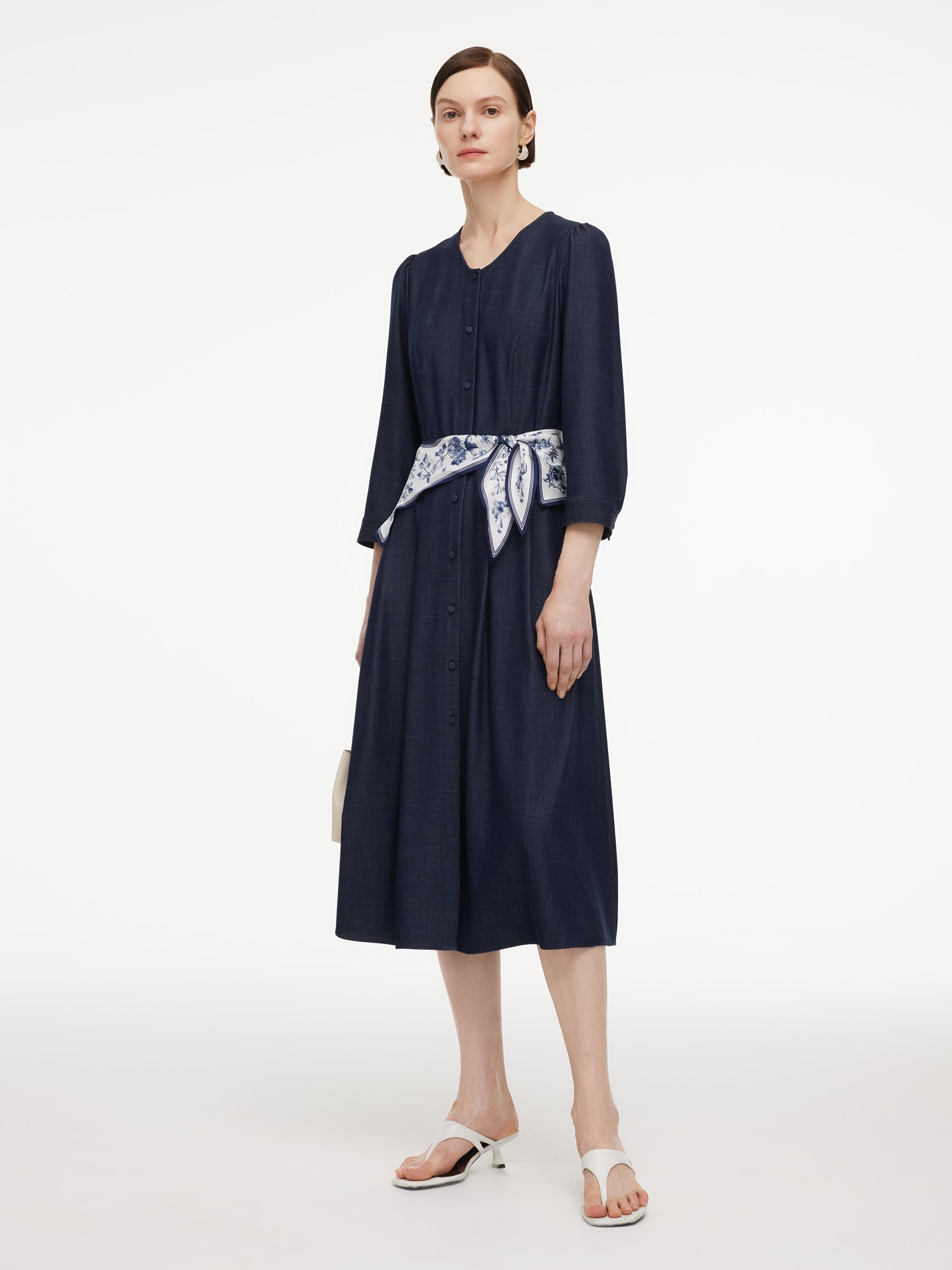 Faux-Denim Cinched Maxi Dress