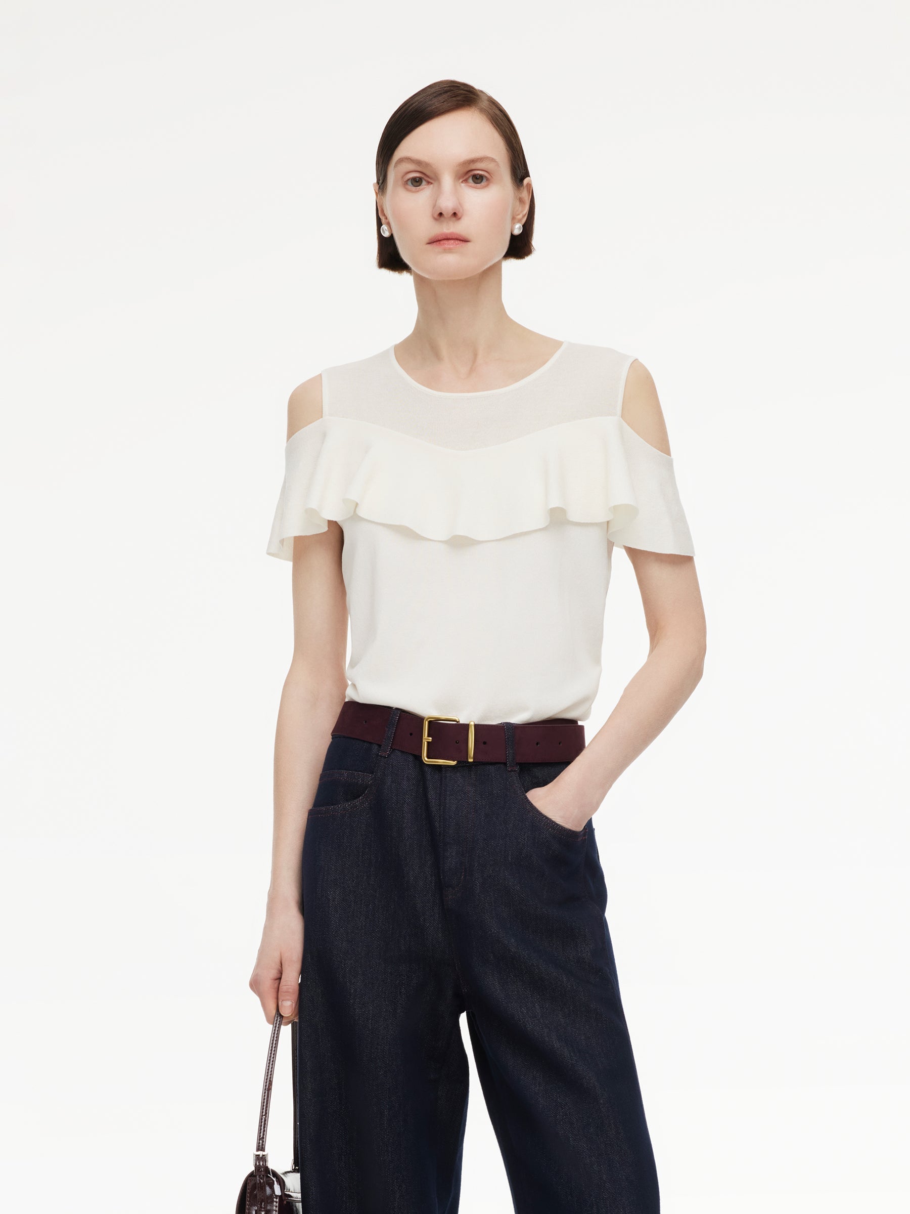 Tencel Cold-Shoulder Ruffle Top