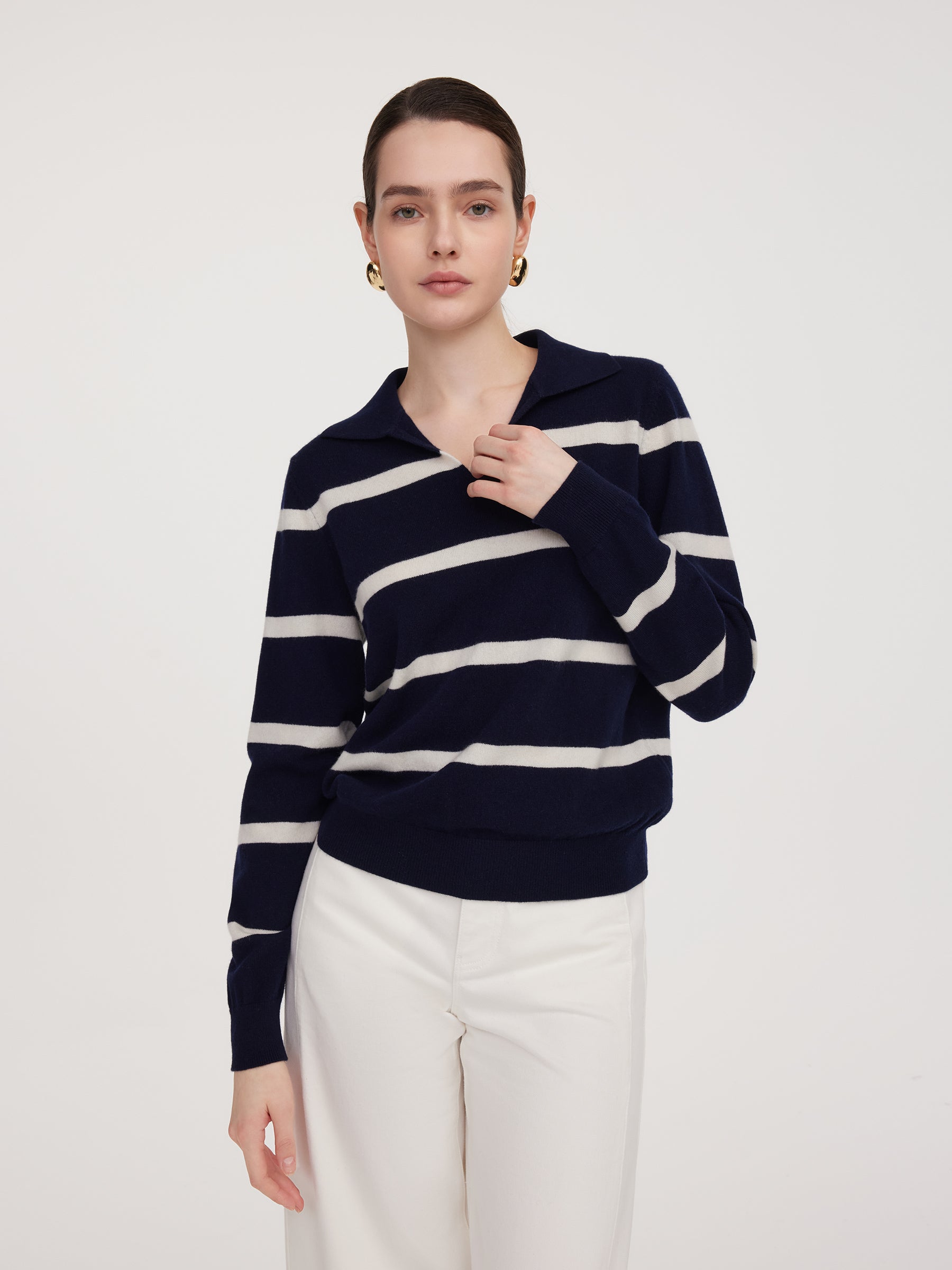 Wool Striped Polo Neck Sweater