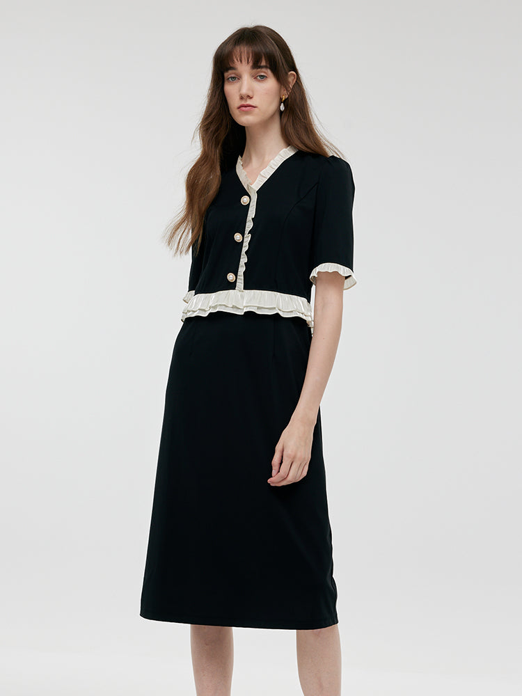 Ruffle Patchwork H-Line Midi Dress