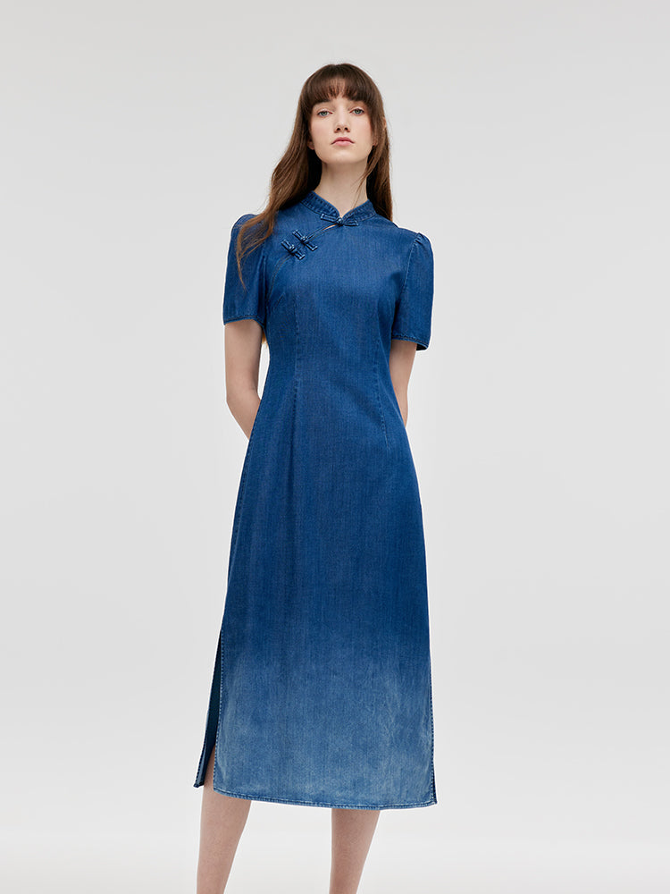 Gradient Denim Qipao Dress