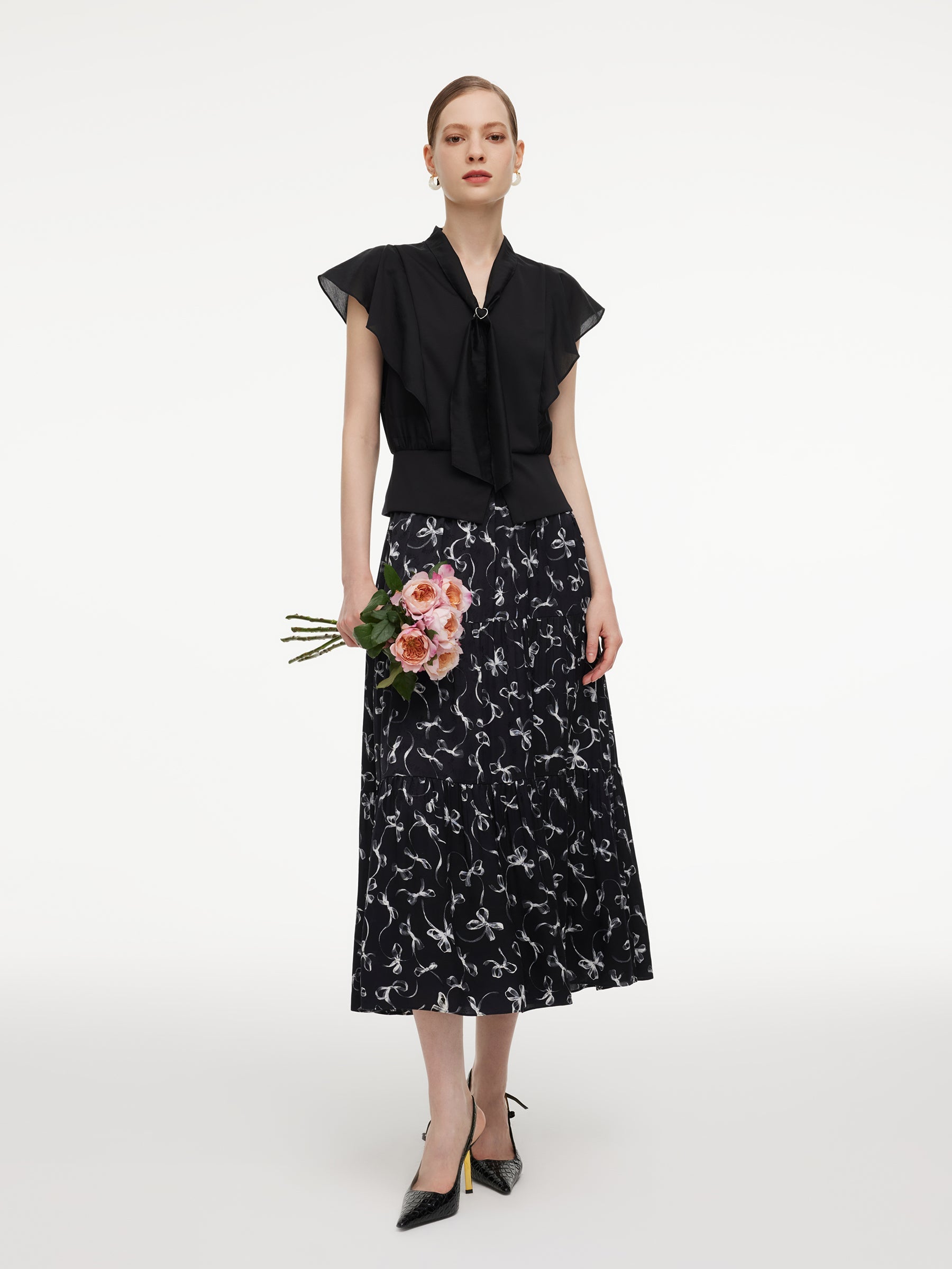 Ruffle Cap Sleeve V-Neck
