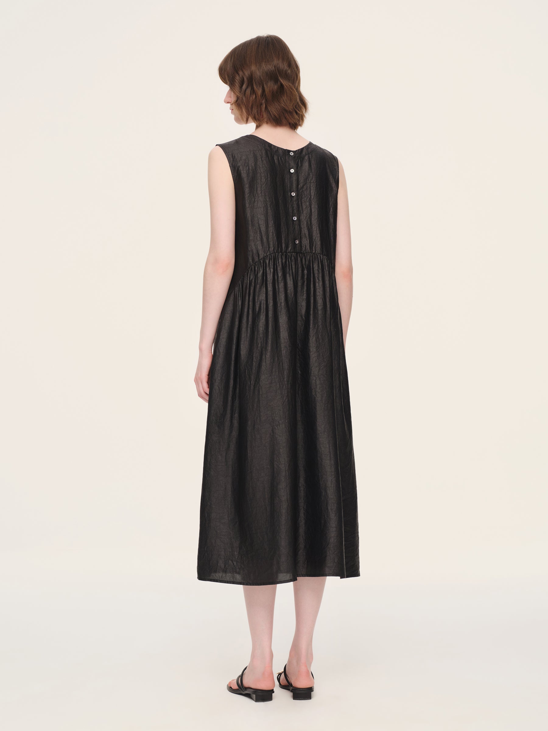 Pleated Neck Shell Button Dress