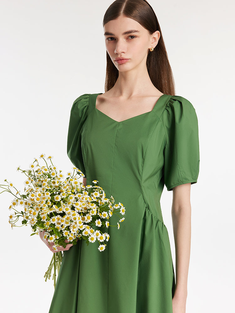 Cinched Puff Sleeve Green Dress