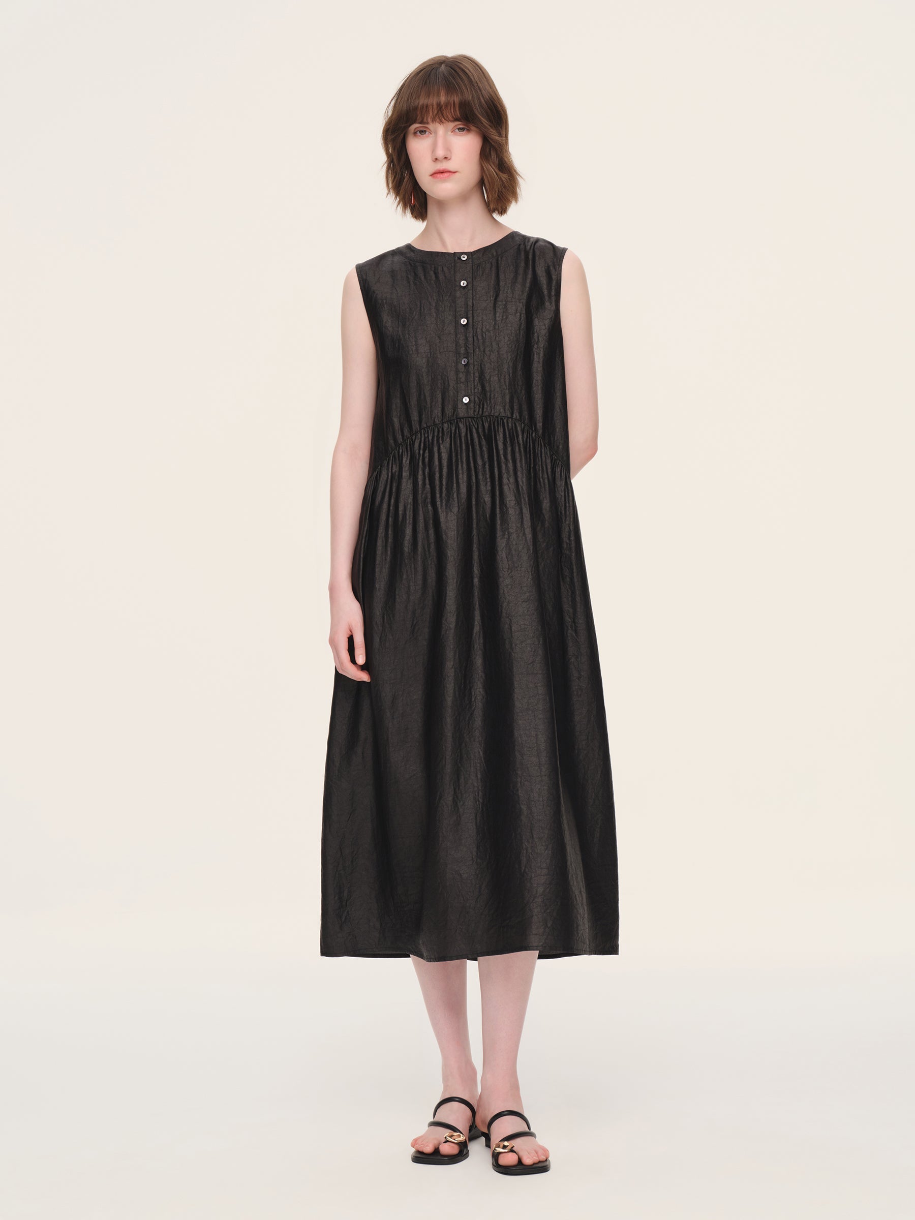 Pleated Neck Shell Button Dress