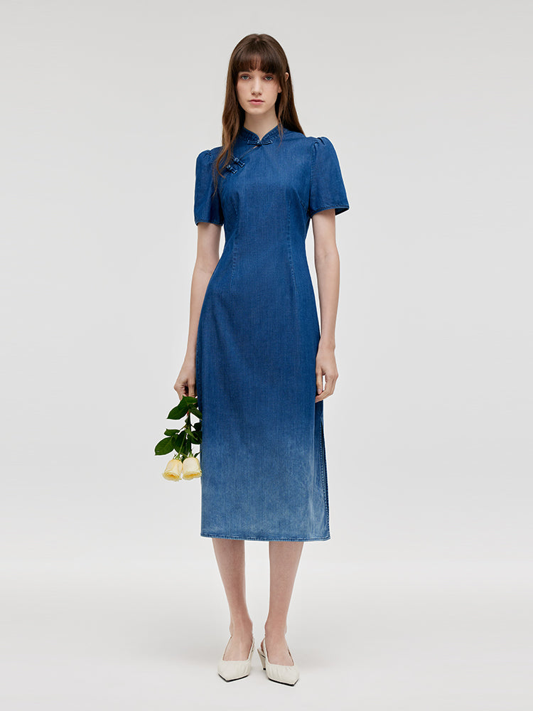 Gradient Denim Qipao Dress