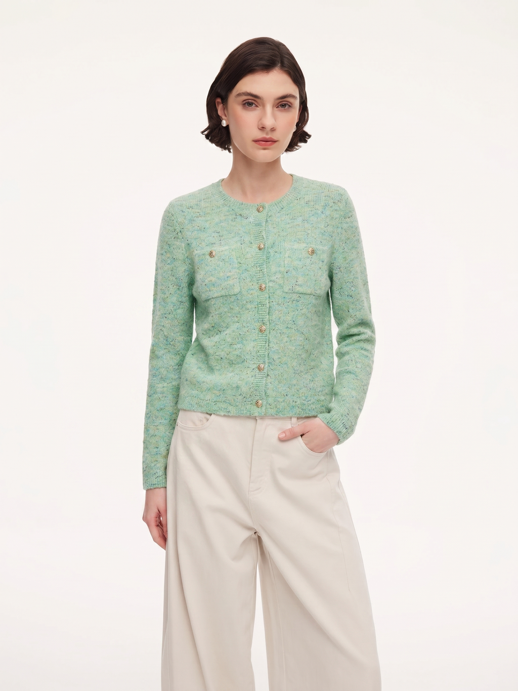 Melange Green Crewneck Cardigan