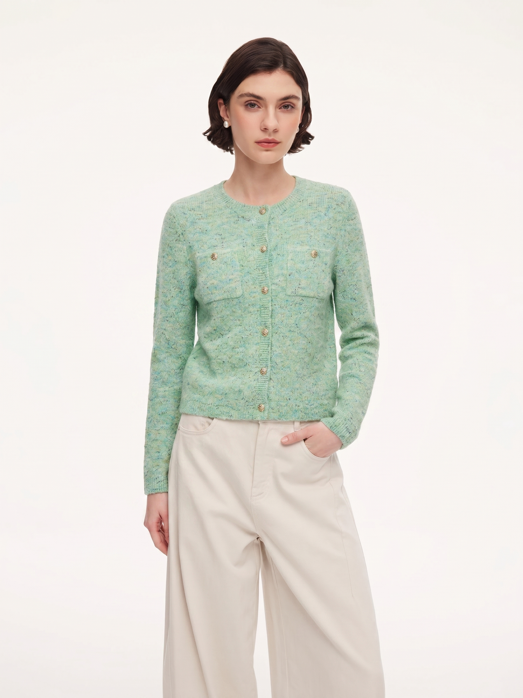 Melange Green Crewneck Cardigan